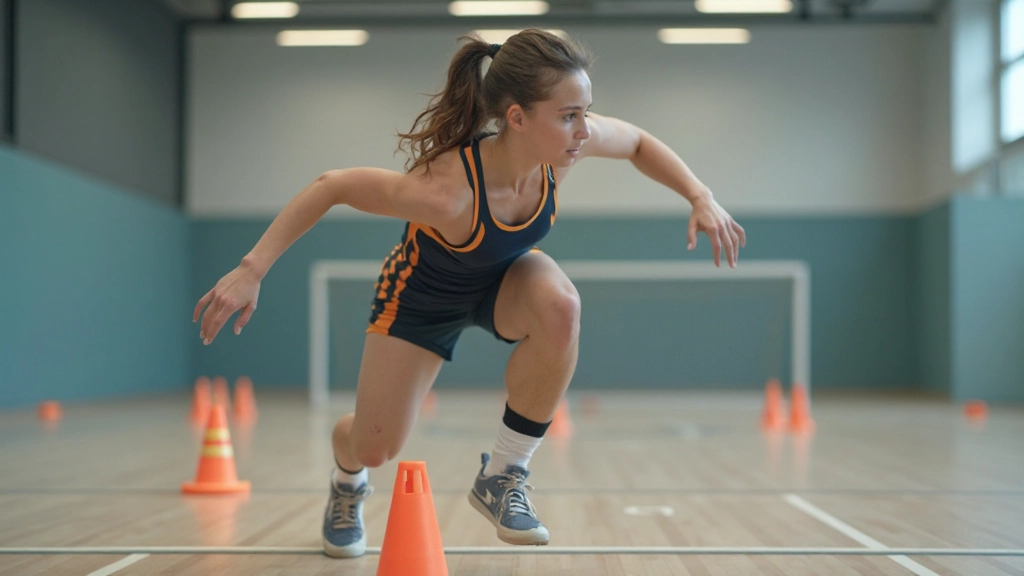 مجموعة من لاعبي كرة اليد الإناث يقمن بتمارين تطوير السرعة والرشاقة في صالة تدريب حديثة