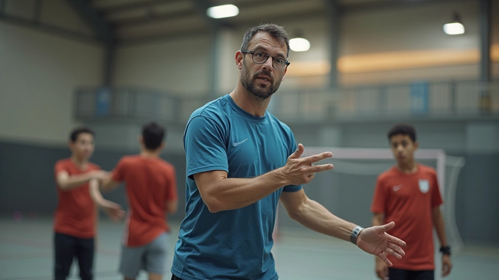 مدرب متخصص يعلم لاعبي كرة اليد الشباب تقنيات الهجوم الصحيحة والتموضع الاستراتيجي