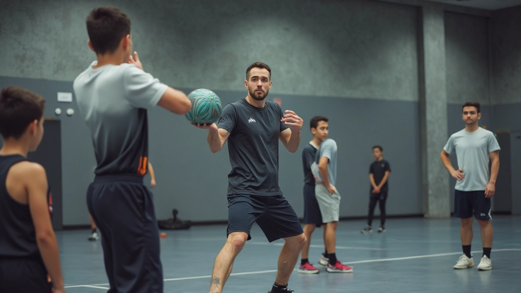 مدرب محترف يعلم مجموعة من لاعبي كرة اليد الشباب في صالة الألعاب الرياضية