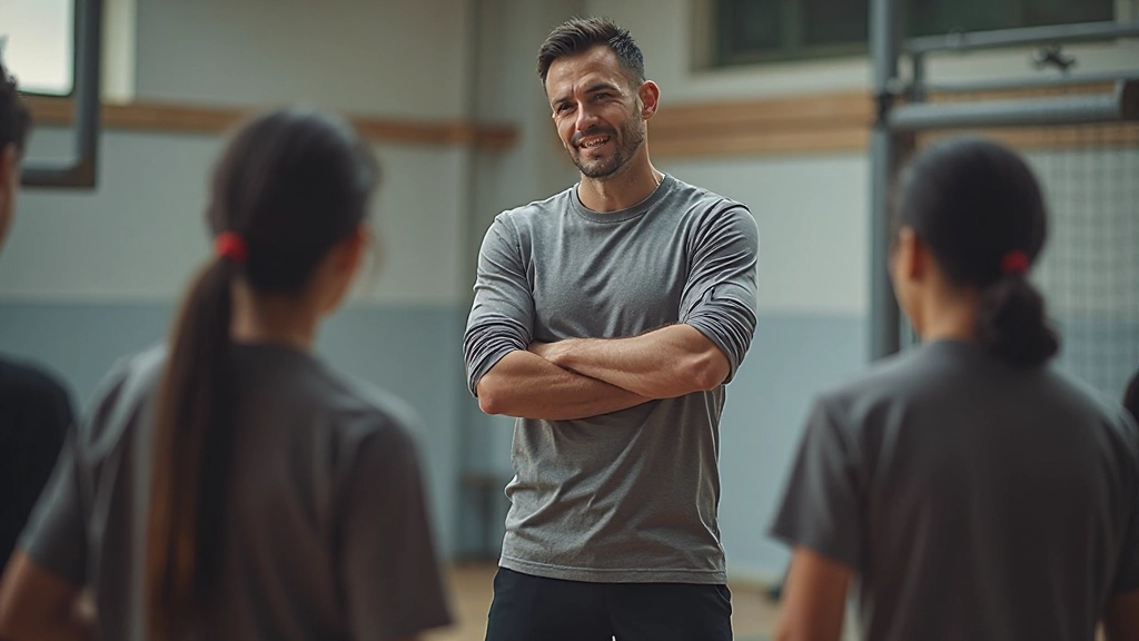 مدرب متخصص في اللياقة البدنية يشرح تقنيات التمرين لمجموعة من لاعبي كرة اليد الشباب