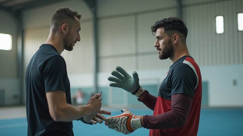 حارس مرمى شاب يتمرن على مهارات نفسية متقدمة مع مدرب متخصص في علم النفس الرياضي