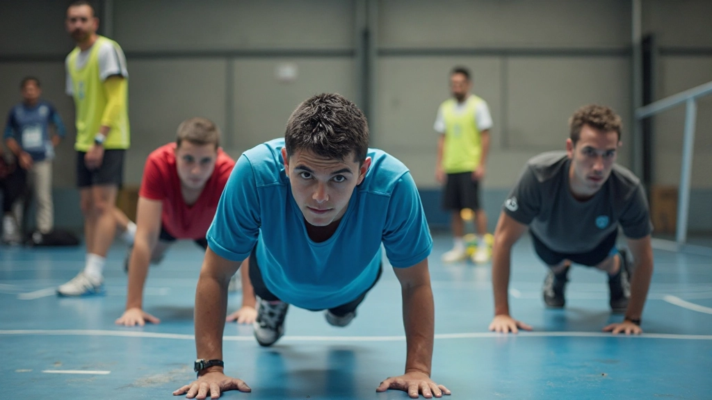 مجموعة من لاعبي كرة اليد الشباب يقومون بتمارين لياقة بدنية في صالة التدريب