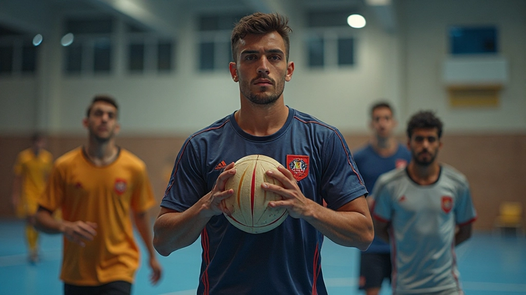 مجموعة من لاعبي كرة اليد الناشئين يتدربون على تشكيلات الدفاع المختلفة في القاعة